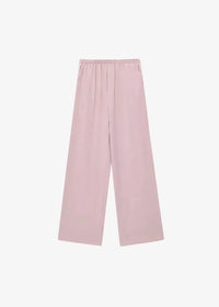 Soft blush pink wide-leg trousers with elastic waistband part of pink kimono set for comfortable stylish wear