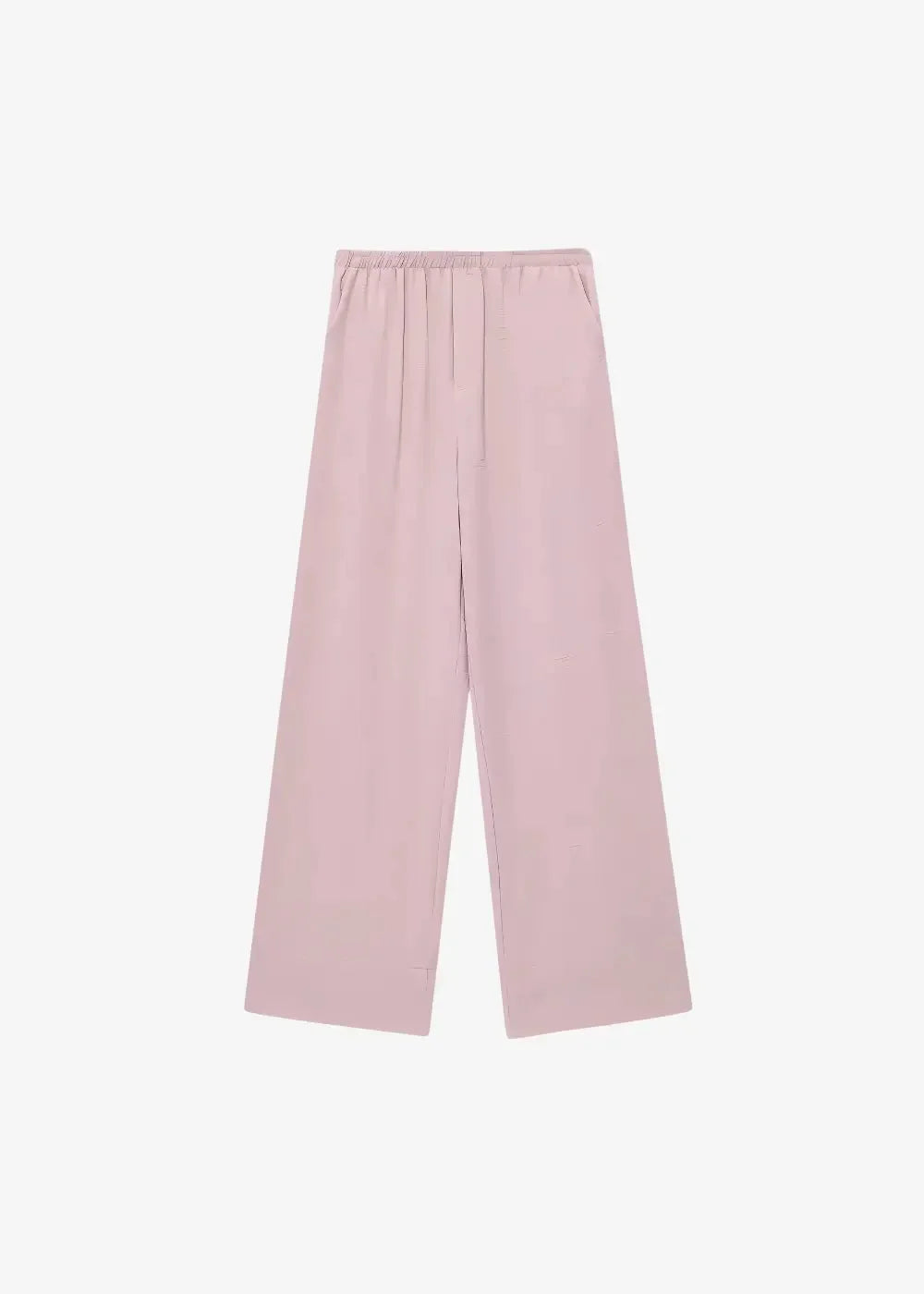 Soft blush pink wide-leg trousers with elastic waistband part of pink kimono set for comfortable stylish wear
