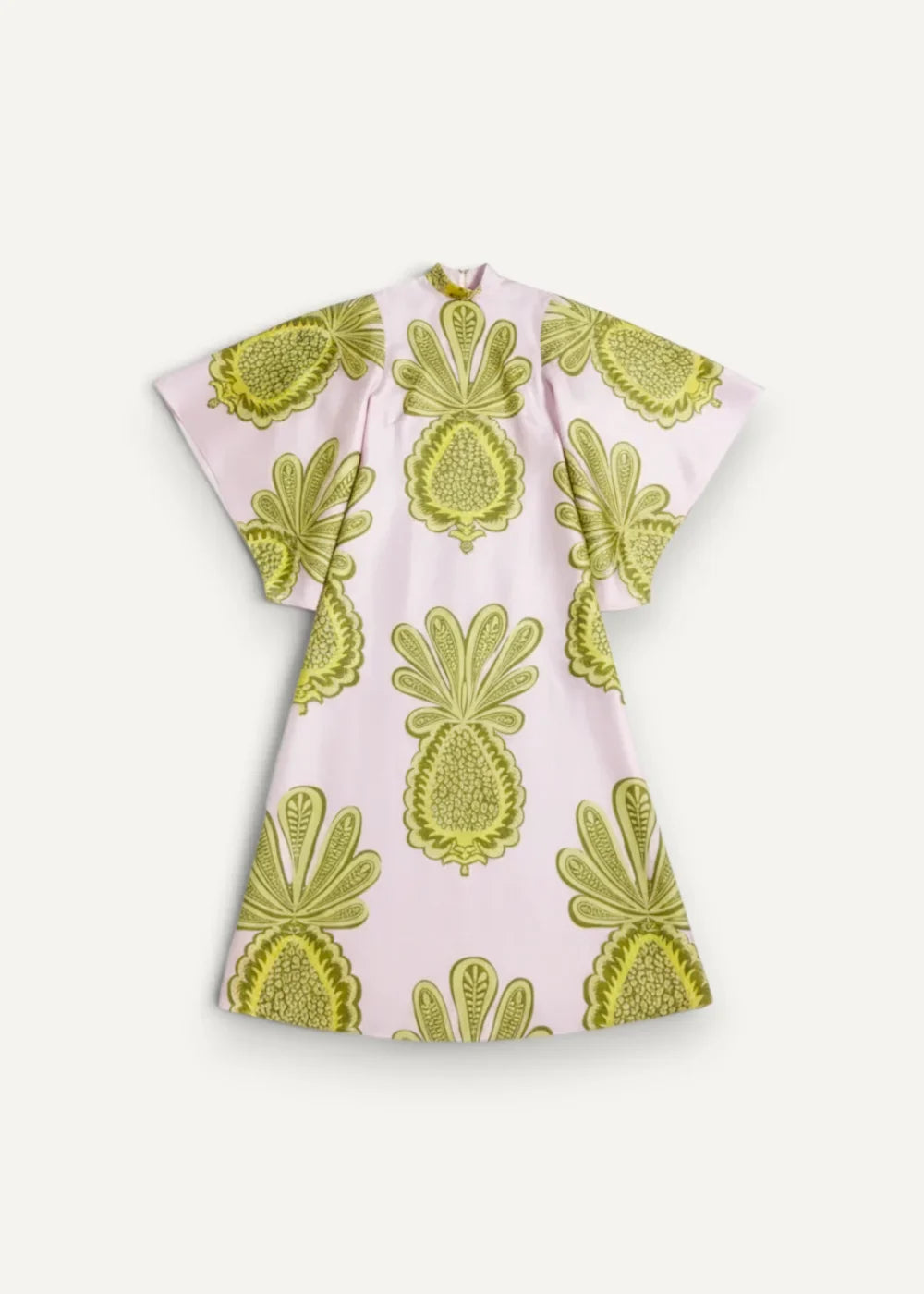 Pink kimono style dress with vibrant lime green pineapple pattern short flutter sleeves and relaxed fit