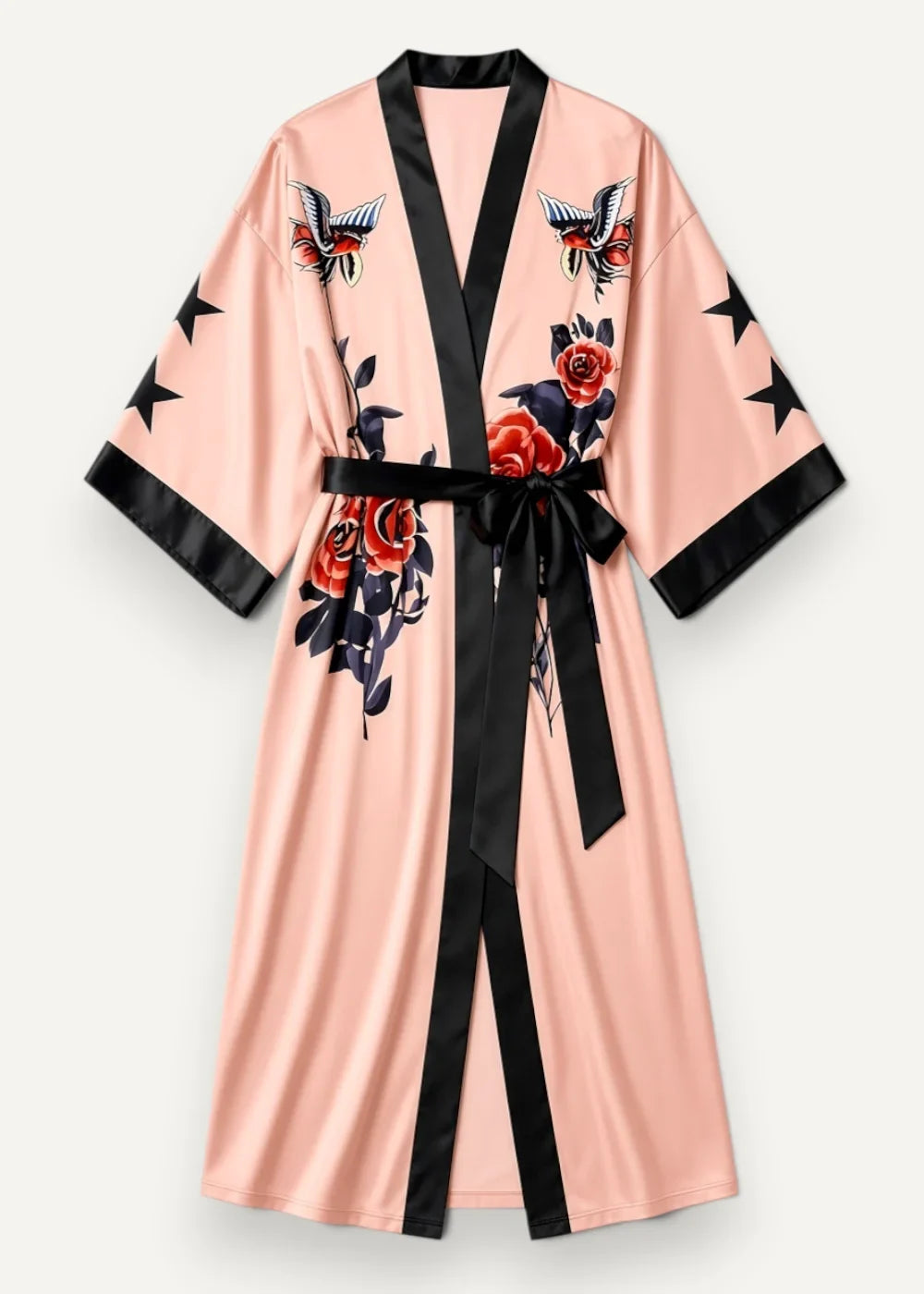 Pink satin kimono robe with black trim embroidered with red roses and tattoo style birds on the front