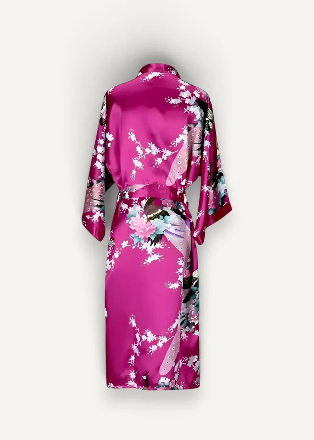 Pink satin robe made of vibrant fuchsia silk adorned with delicate floral and bird motifs in soft pastel hues