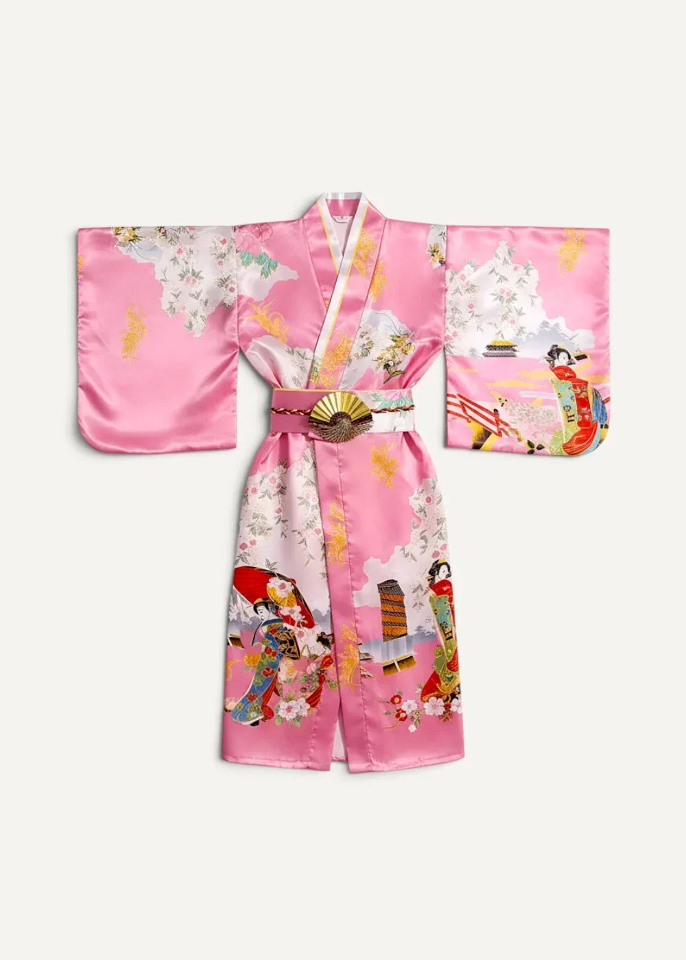 Pink yukata satin kimono featuring vibrant geisha and cherry blossom print with a gold fan-shaped belt buckle