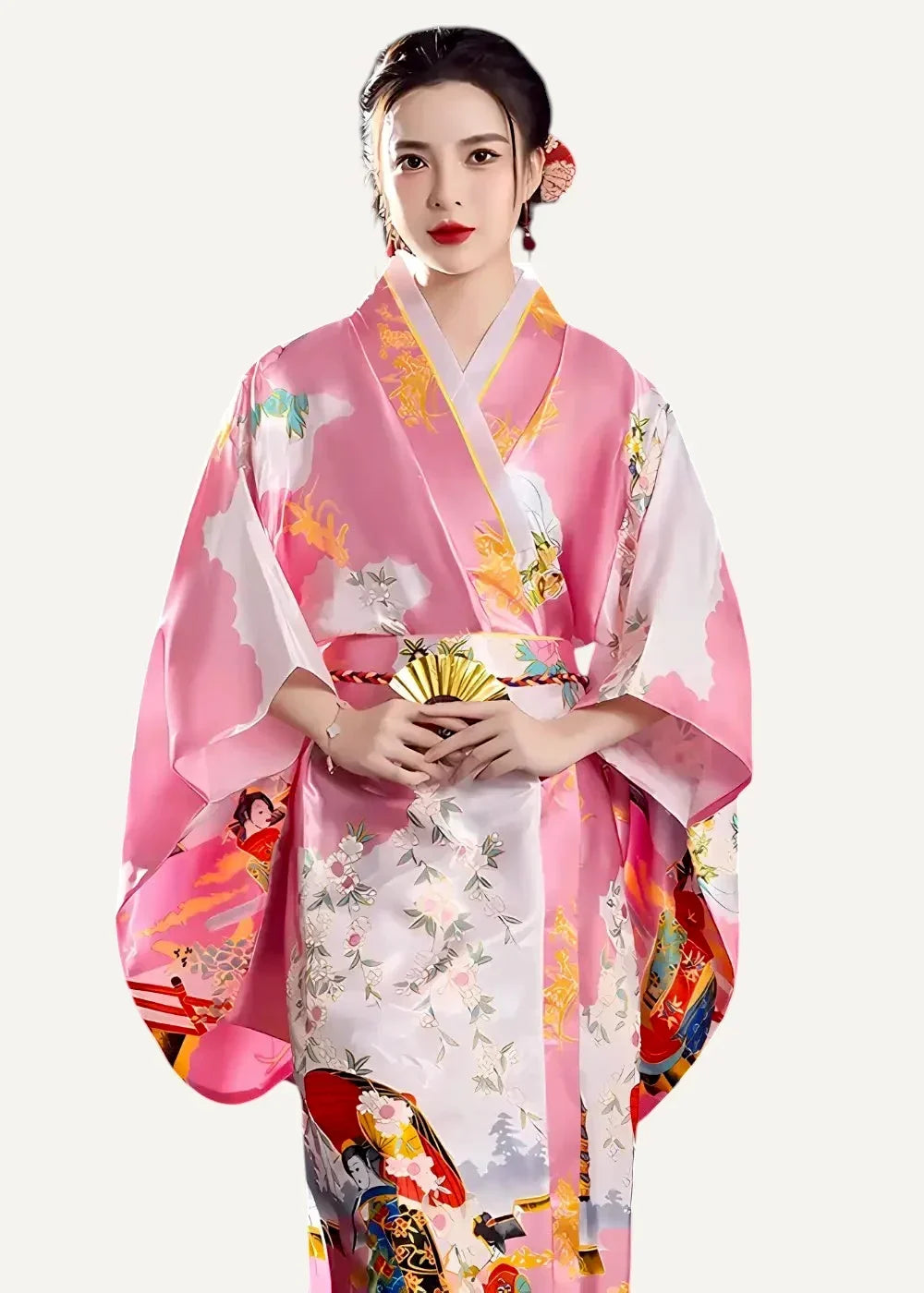 A vibrant pink silk yukata adorned with intricate gold red and white floral and traditional Japanese motifs