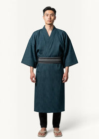 Plus size japanese kimono dark teal striped yukata with matching obi belt designed for comfortable wear