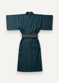Plus size japanese kimono in dark teal with subtle vertical stripes and matching belt displayed from the front