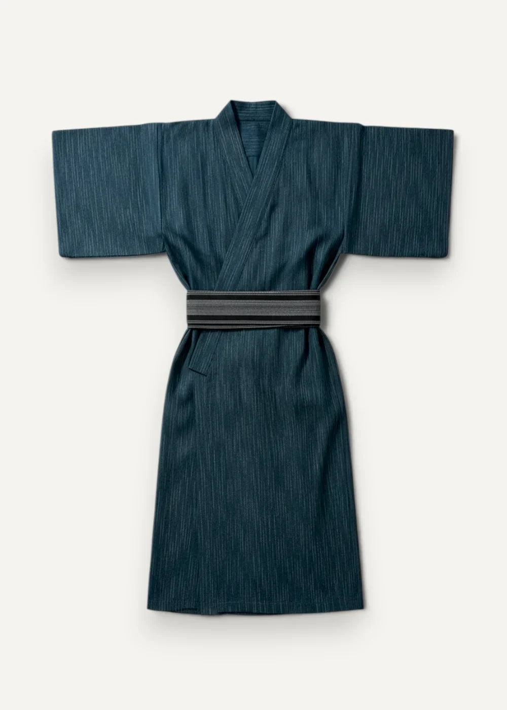 Plus size japanese kimono in dark teal with subtle vertical stripes and matching belt displayed from the front