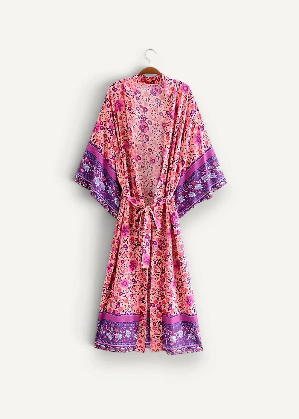 Plus size kimono cardigan flowing pink and purple floral dress with matching belt and intricate sleeve and hem patterns
