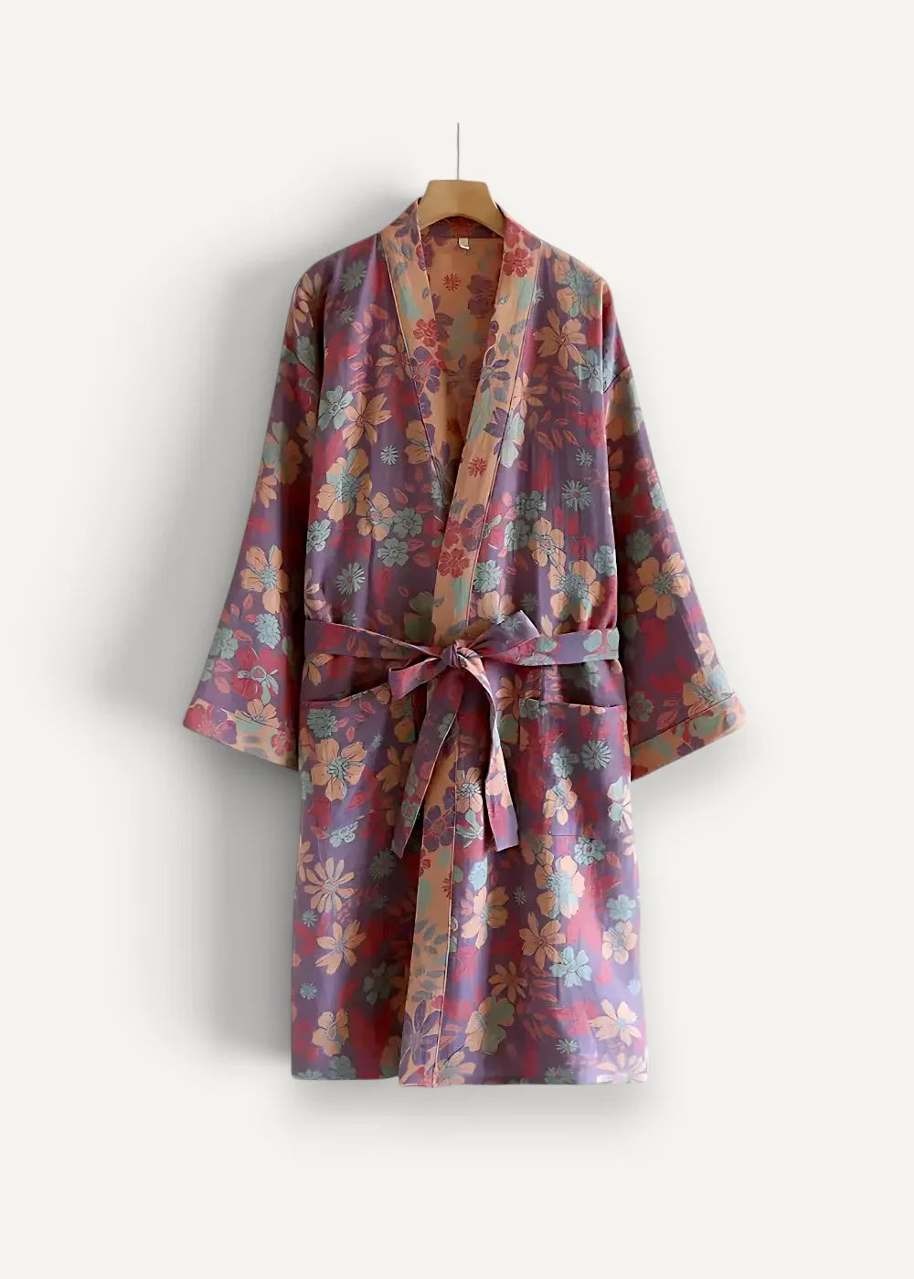Plus size kimono robe soft long-sleeved with vibrant purple pink green floral pattern and matching waist belt
