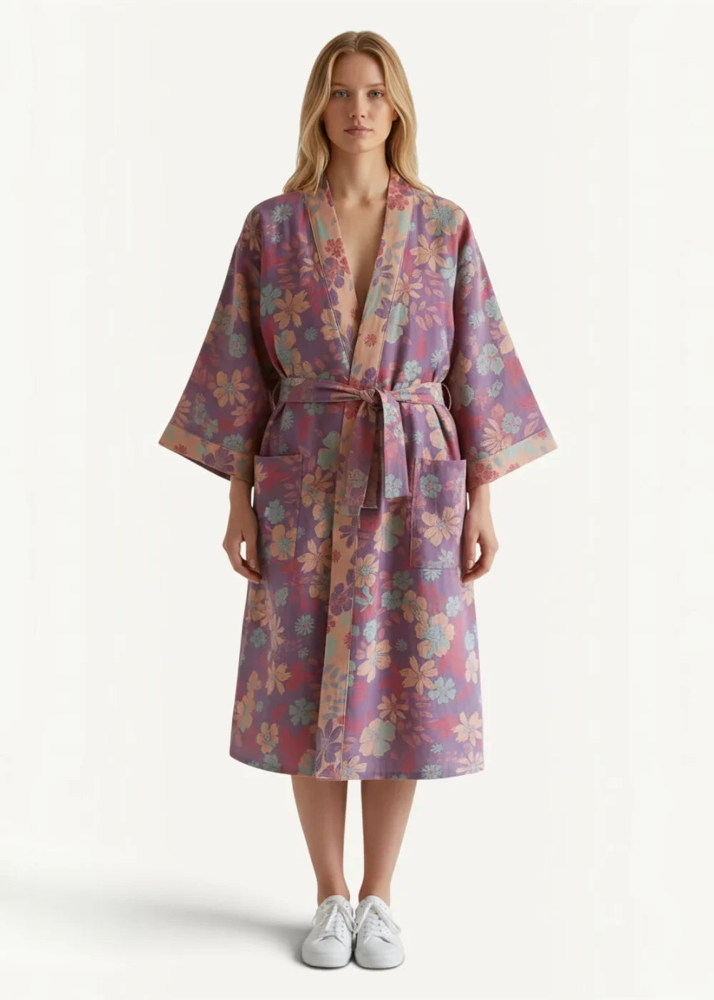 Plus size kimono robe in soft flowing fabric with muted pink and lavender floral pattern three quarter sleeves and belt