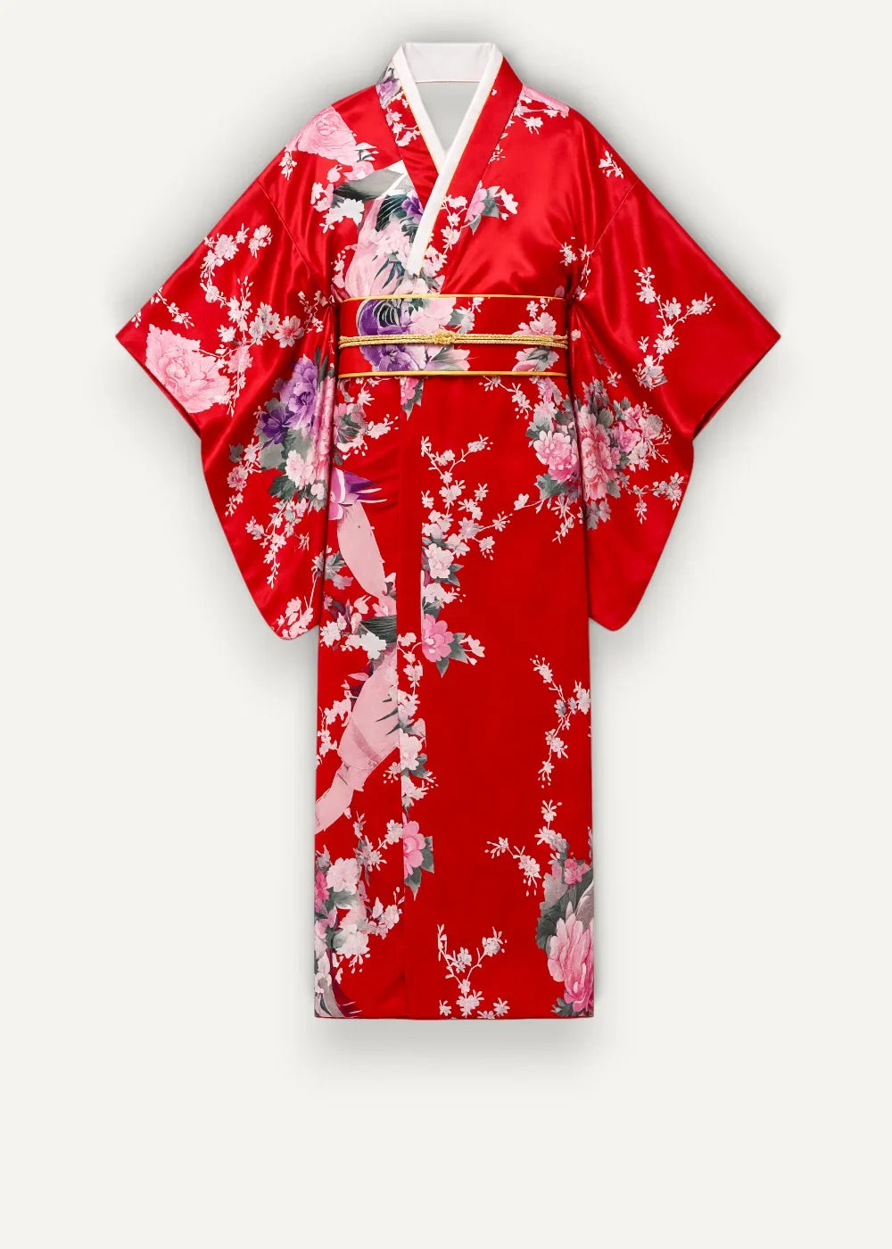 Plus size satin robe with vibrant red silk fabric featuring pink and purple floral patterns and a gold-toned obi belt