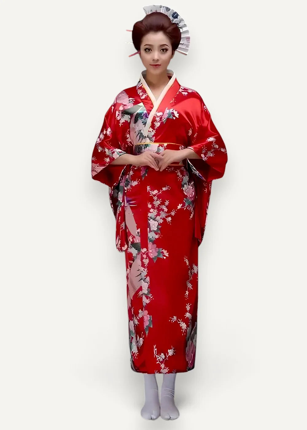 Plus size satin robe in vibrant red silk with delicate floral and bird patterns and a traditional obi belt