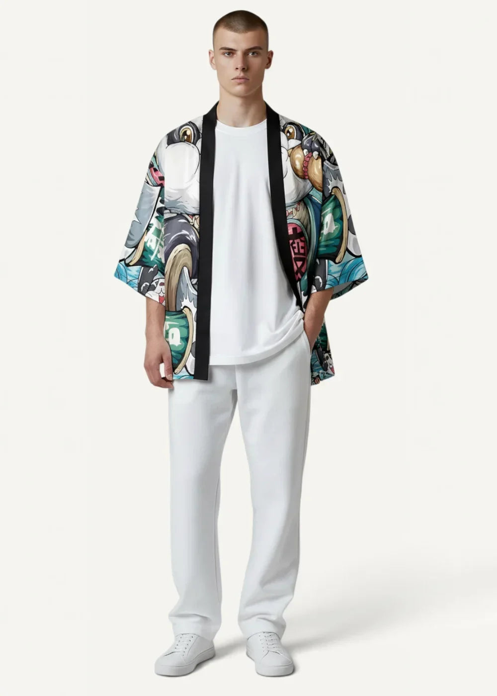 A vibrant short-sleeved printed kimono jacket with bold cartoon graphic and black trim multicolored details