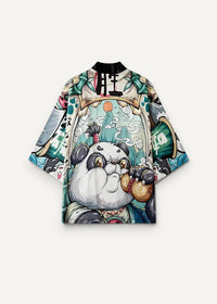 A vibrant short-sleeved printed kimono jacket with a cartoon panda holding gold coins and mountain and Chinese character designs