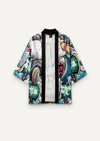 Printed kimono jacket with bold cartoon graphic print and teal accents on white short-sleeved japanese-style fabric