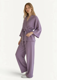 Lavender flowing two-piece kimono pajamas with belted top and wide-leg pants for comfortable loungewear use