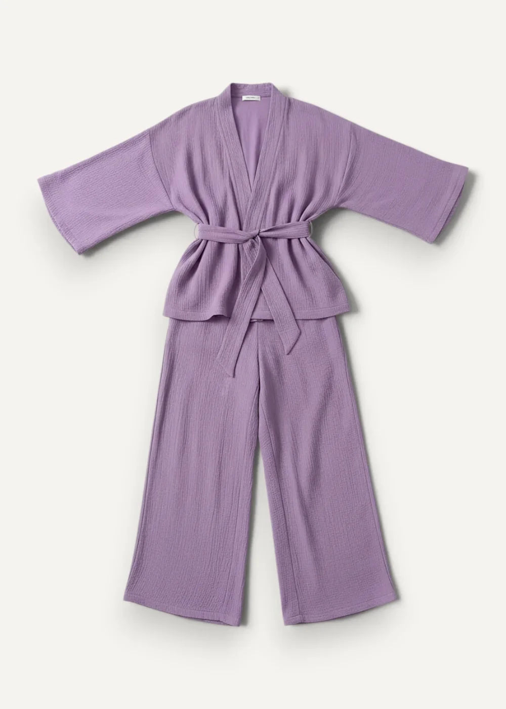A soft lavender ribbed knit two-piece purple kimono pajamas set with belted robe and wide-leg pants