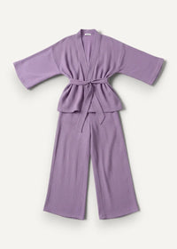 A soft lavender ribbed knit two-piece purple kimono pajamas set with belted robe and wide-leg pants