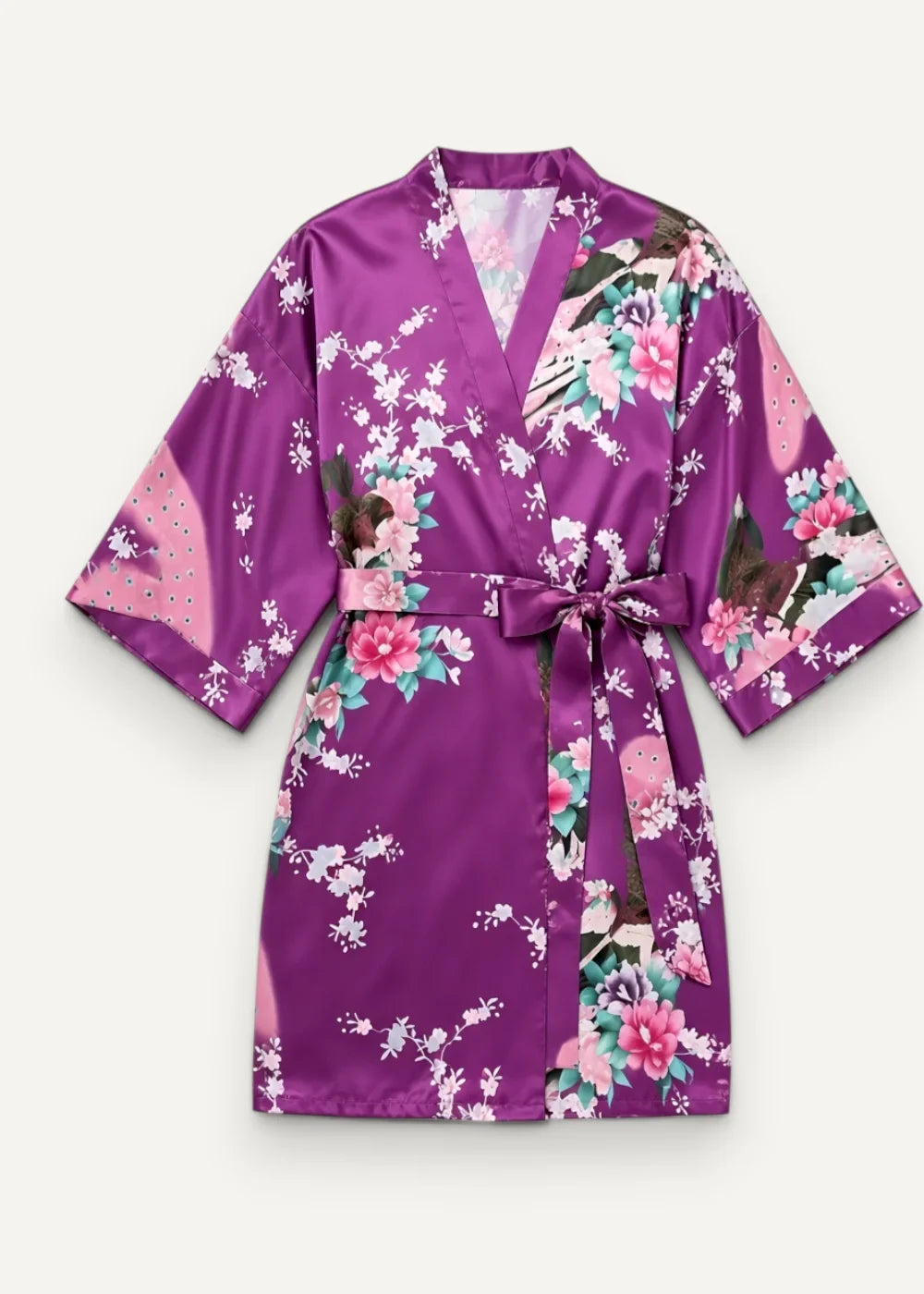 Purple satin kimono robe with floral pattern featuring pink and white blossoms green leaves and subtle bird motifs