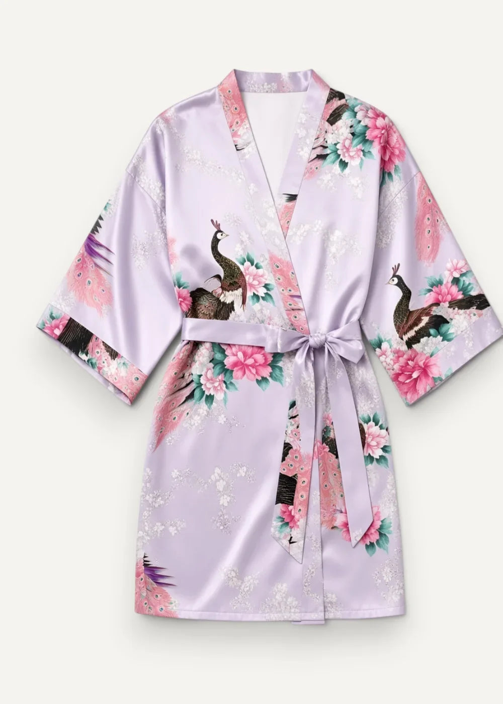 Purple satin robe in lavender with a delicate peacock and floral pattern featuring pink blossoms and green leaves