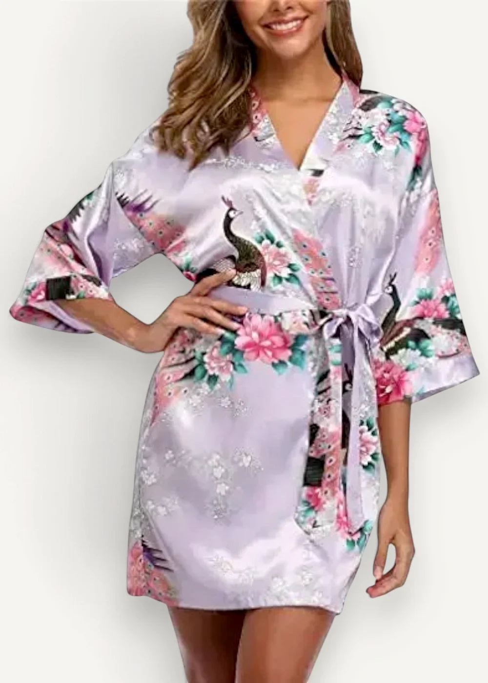 Purple satin robe in lavender with peacock and floral pattern, three-quarter sleeves, and tied waist