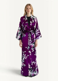 Purple silk robe flowing long-sleeved kimono style with white and soft pink floral pattern