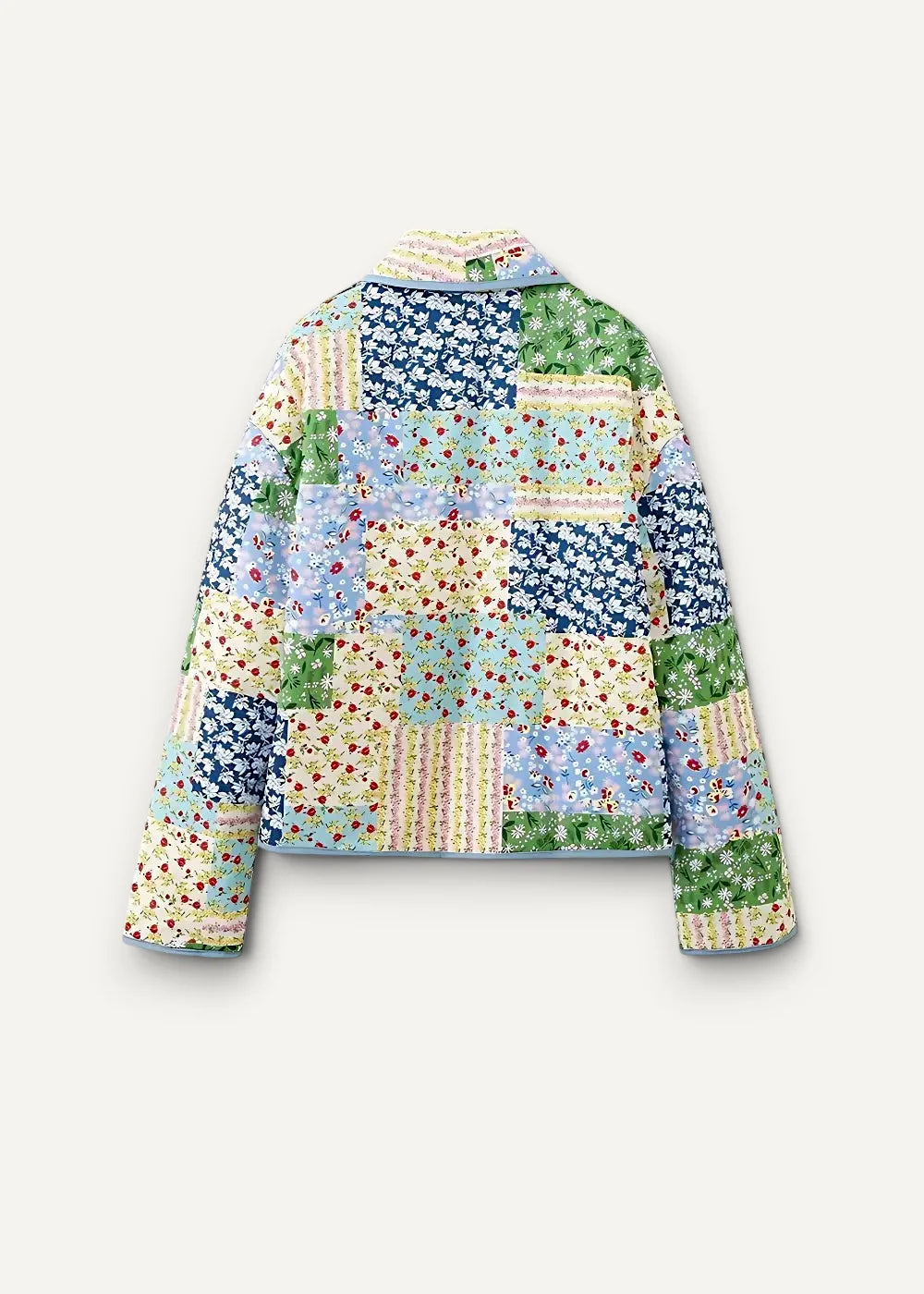 Quilted kimono jacket women’s with patchwork floral and striped patterns in pastel blues greens and creams