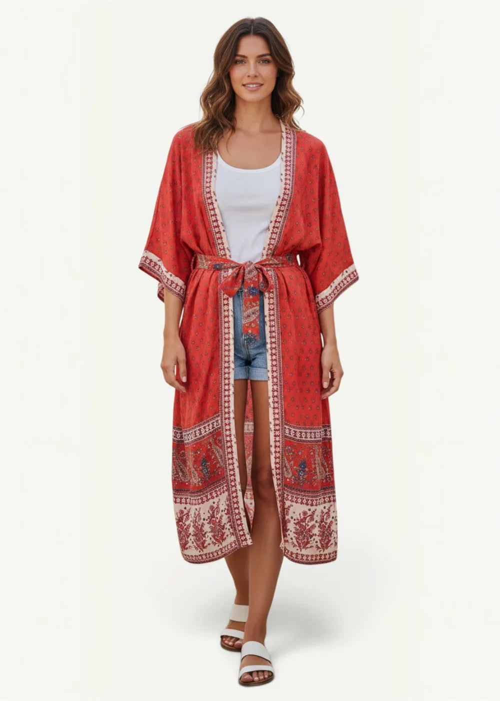 Red beach kimono featuring red embroidery with intricate patterned trim and a matching belt for stylish coverage