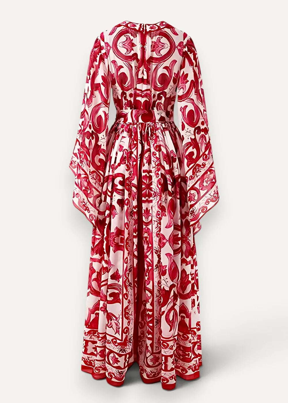 A flowing long-sleeved red and white kimono maxi dress with an intricate baroque-inspired floral print