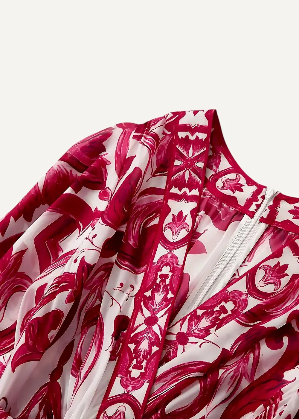 Flowing sheer red and white kimono maxi dress with vibrant floral damask pattern and lightweight fabric