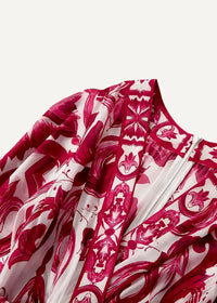 Flowing sheer red and white kimono maxi dress with vibrant floral damask pattern and lightweight fabric