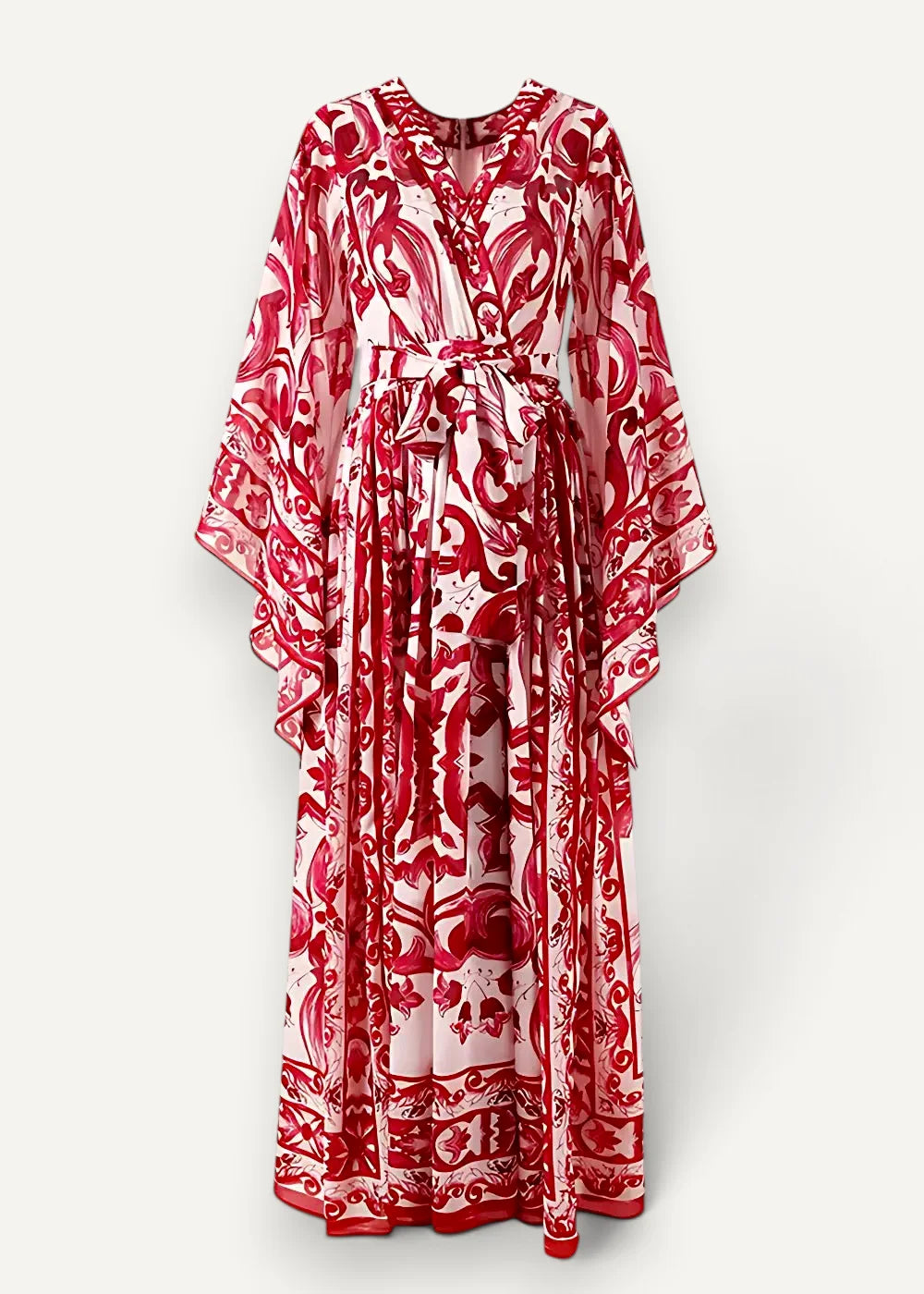 Red floral print kimono maxi dress with a red and white pattern v-neckline wide sleeves and belted waist