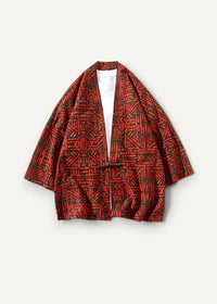Red haori jacket featuring a red and black geometric pattern with a loose open-front japanese-style design