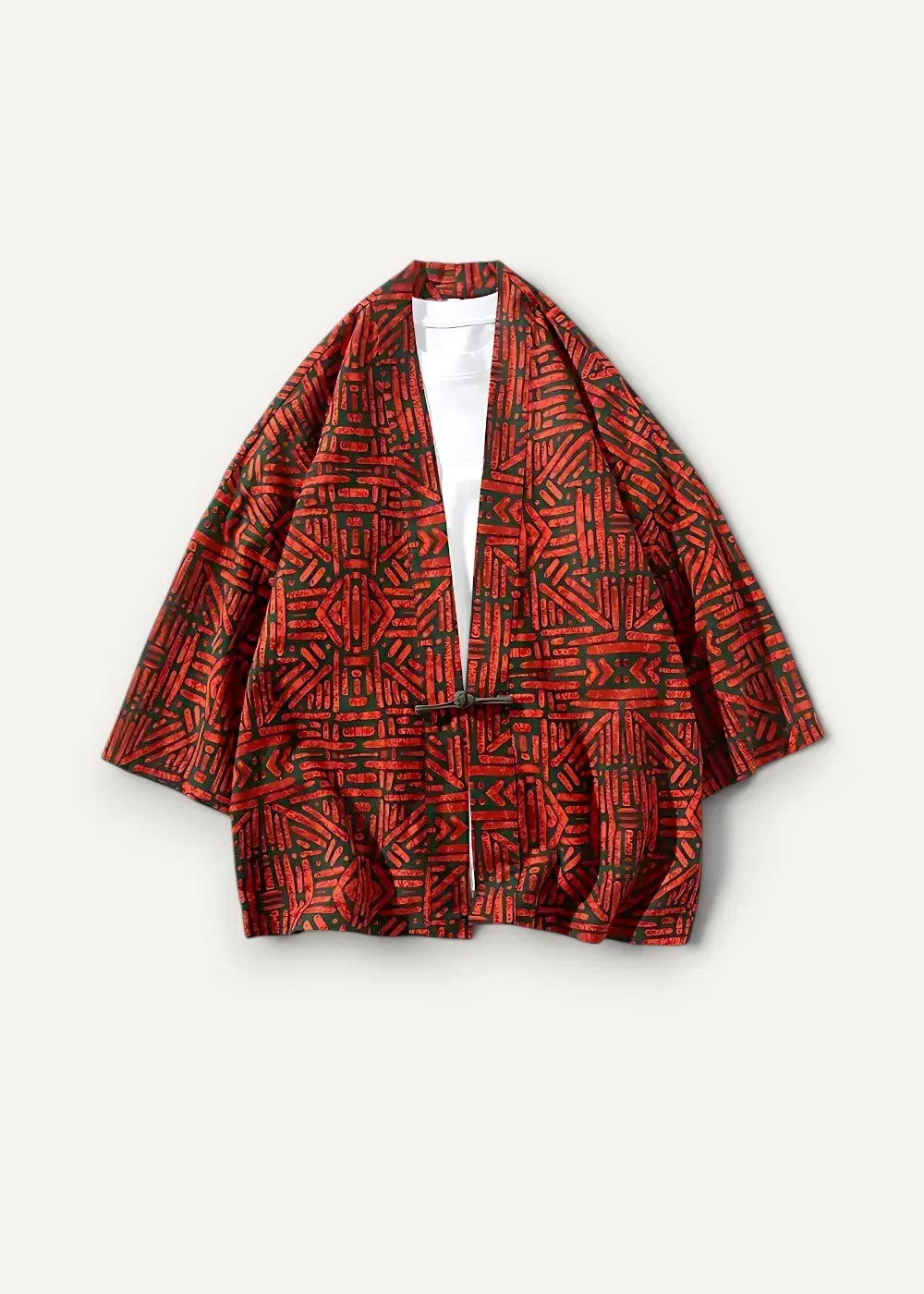 Red haori jacket featuring a red and black geometric pattern with a loose open-front japanese-style design