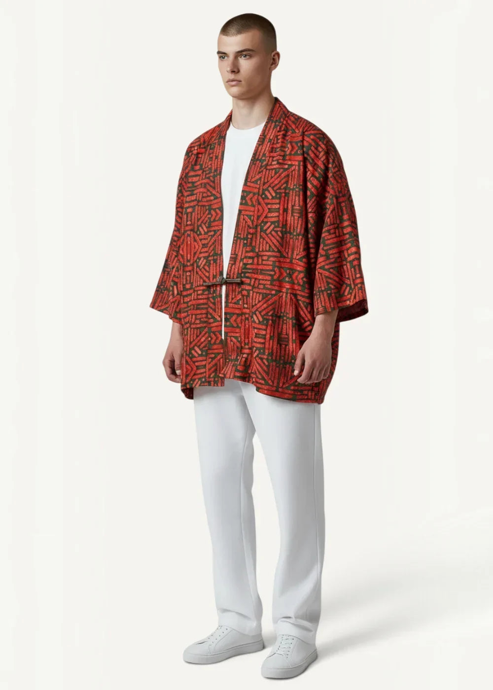 Red haori jacket in lightweight fabric with red pattern and black and green geometric design
