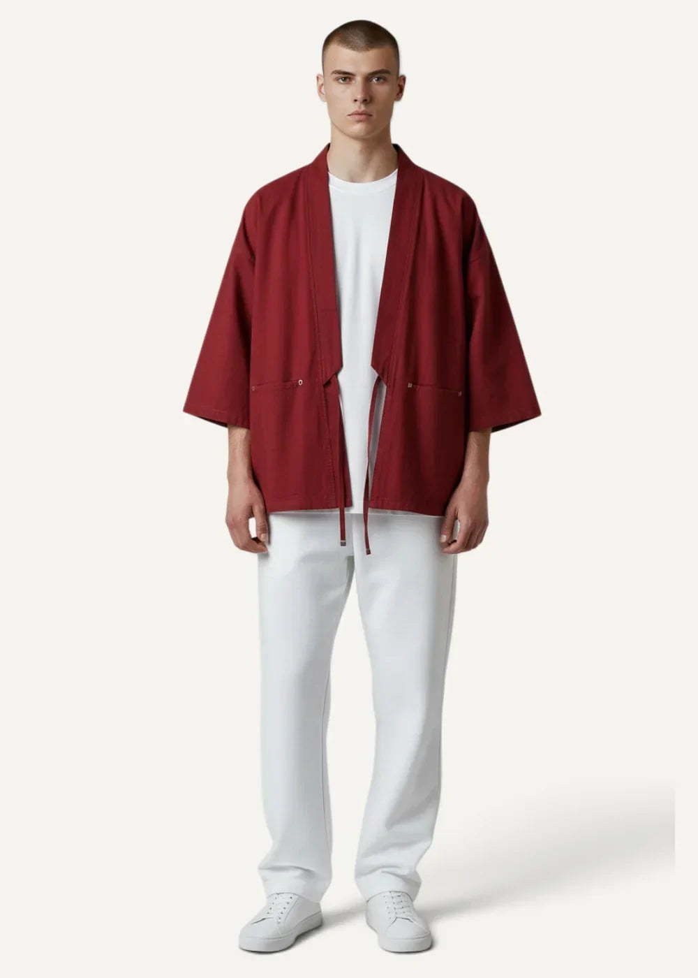 A man wearing a rich burgundy red haori kimono jacket with three-quarter sleeves and subtle front pockets