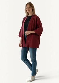 Red haori maroon loose-fitting open-front jacket with three-quarter sleeves and drawstring waist for casual wear