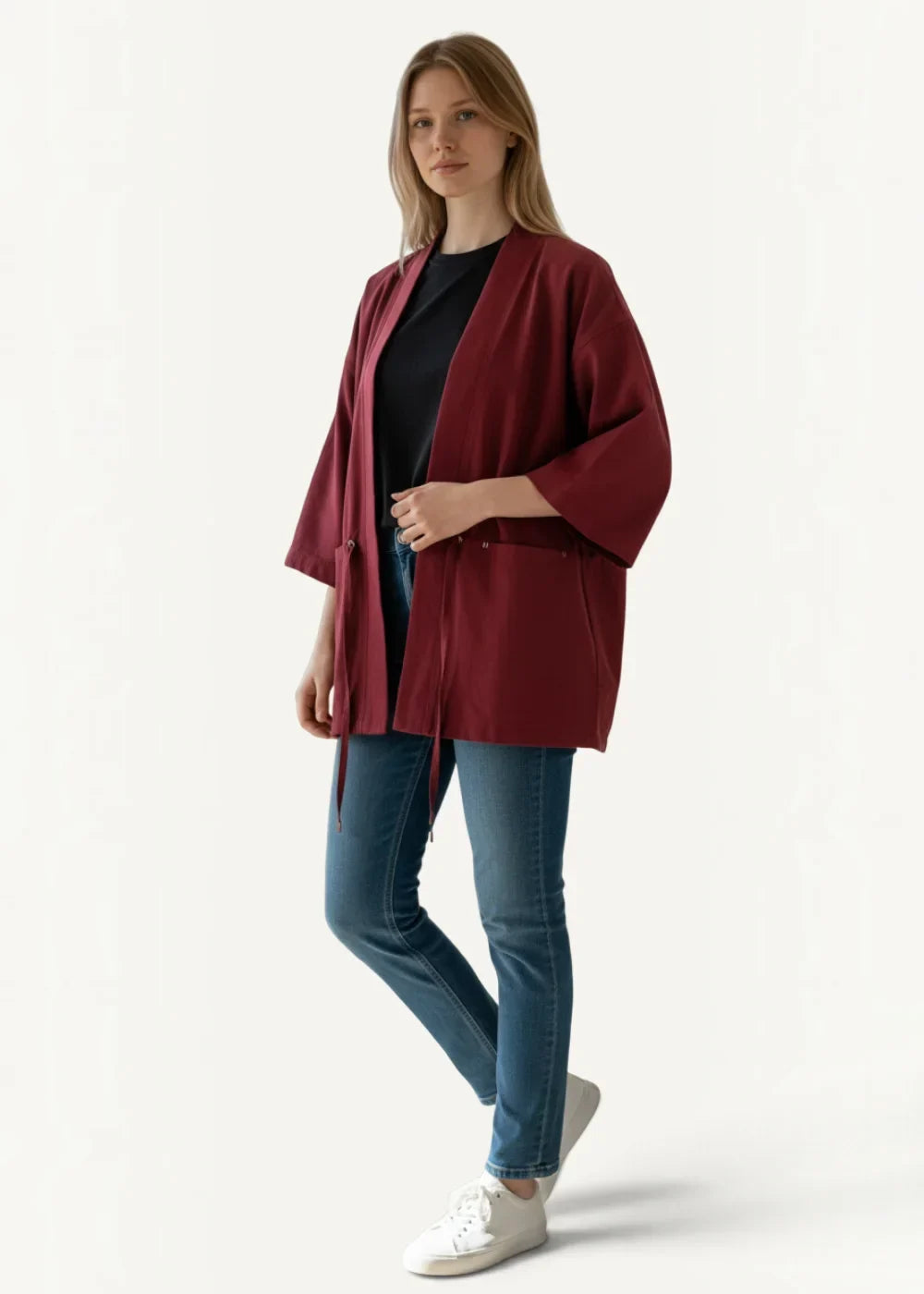 Red haori maroon loose-fitting open-front jacket with three-quarter sleeves and drawstring waist for casual wear