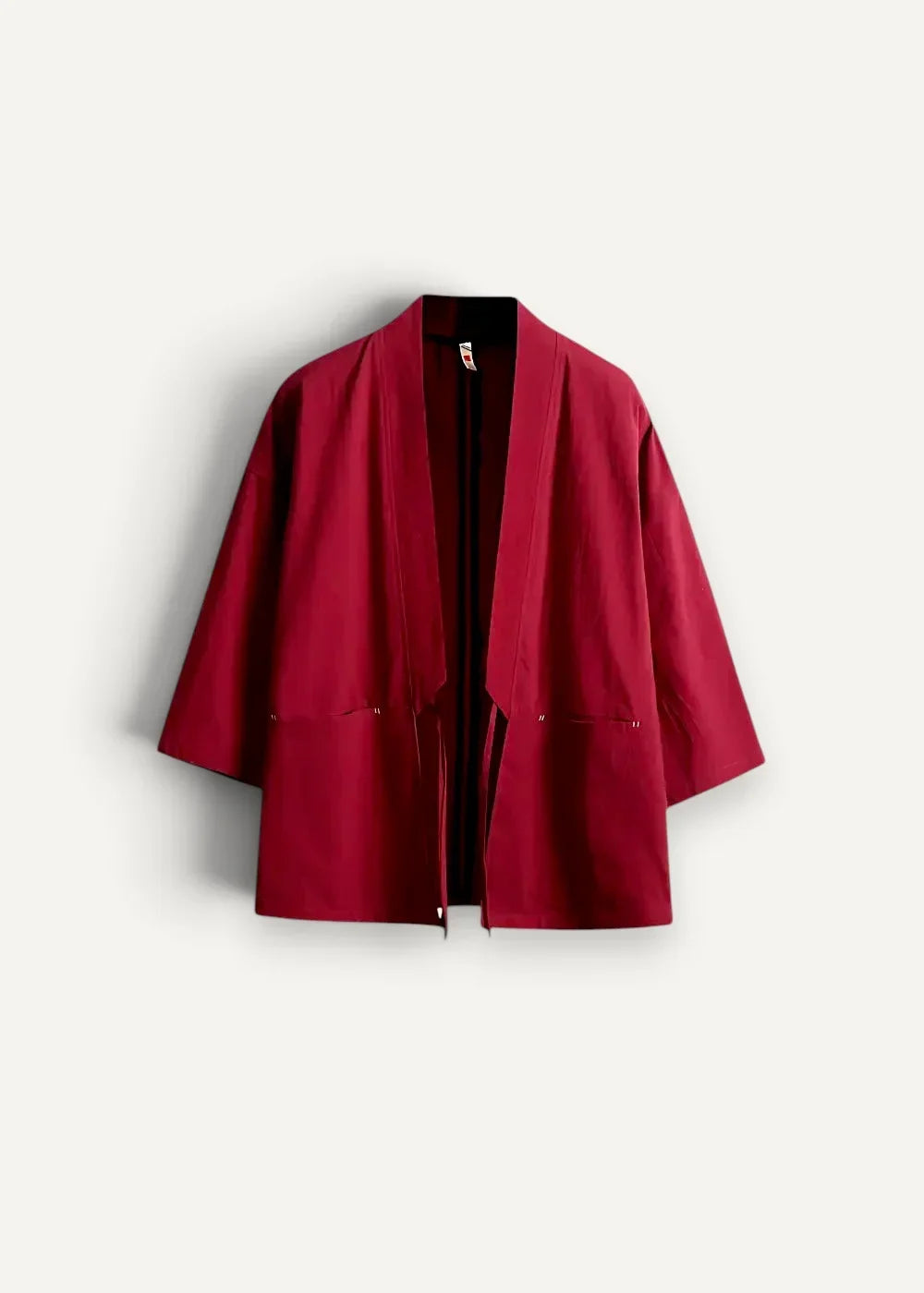 Red haori minimalist open-front jacket in rich crimson with three-quarter sleeves and subtle front pockets