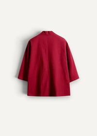 A sleek crimson red haori blazer with minimalist design and three quarter length sleeves for stylish wear