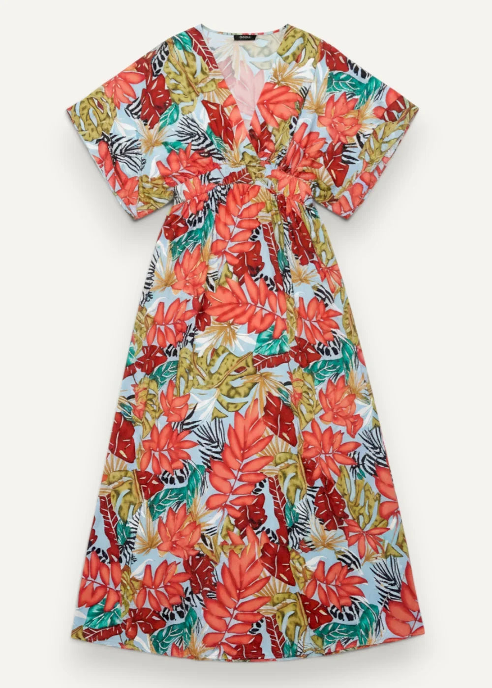 Red kimono dress featuring a vibrant tropical print maxi style with v-neck short flutter sleeves and a cinched waist