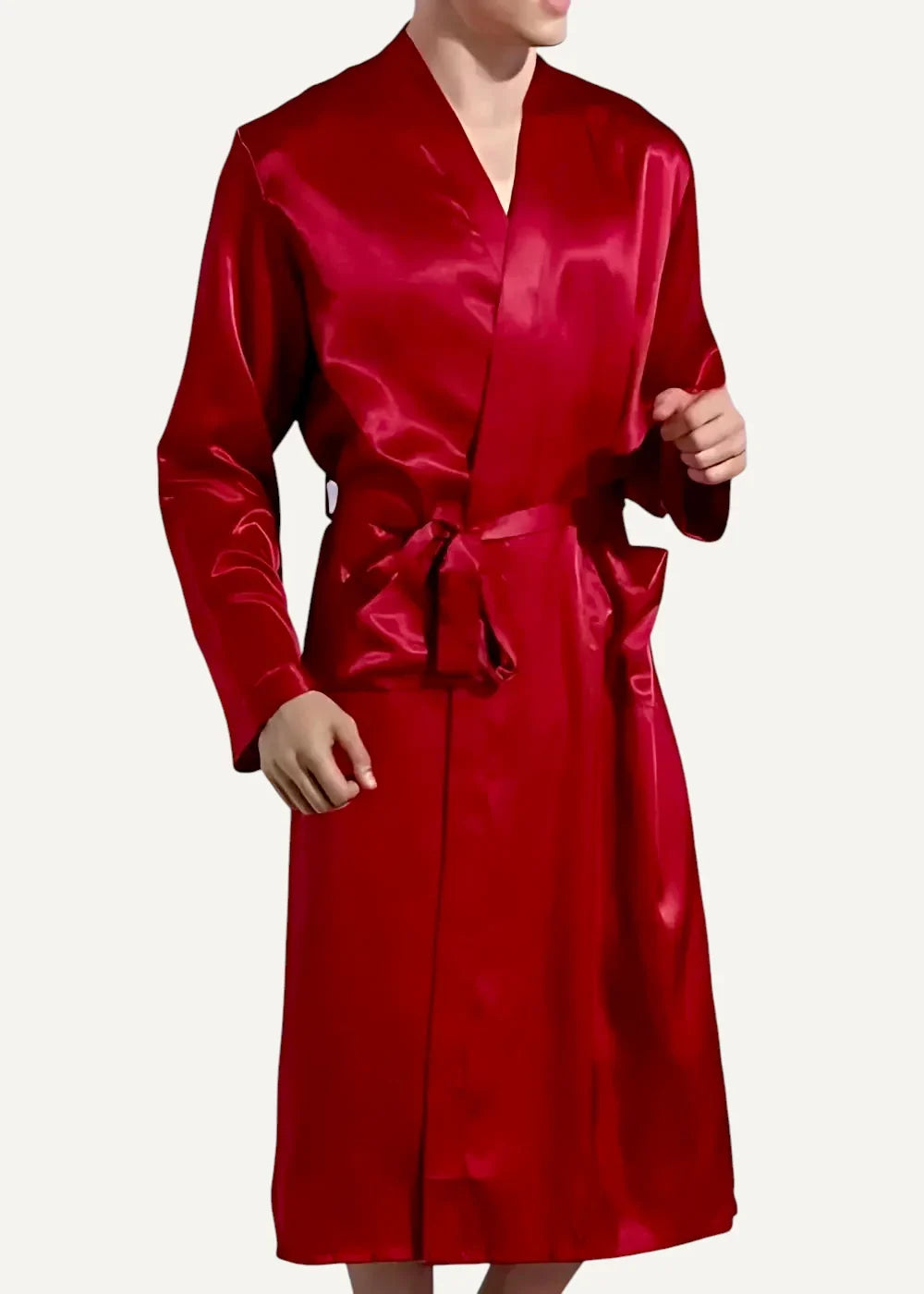 Red kimono robe made of rich red satin with long sleeves and a matching belt for elegant loungewear