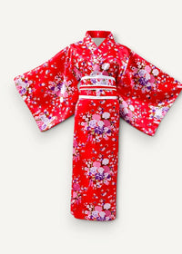 A vibrant red kimono traditional with wide sleeves, delicate pink and purple floral pattern, and white obi belt