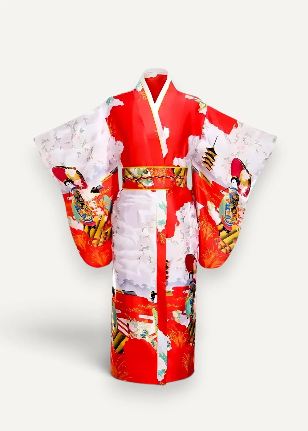 Red satin robe featuring a vibrant red and white kimono design with geishas pagodas and bamboo illustrations