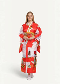 Red satin robe featuring a vibrant red and white glossy silk kimono with traditional pagodas geishas and floral motifs