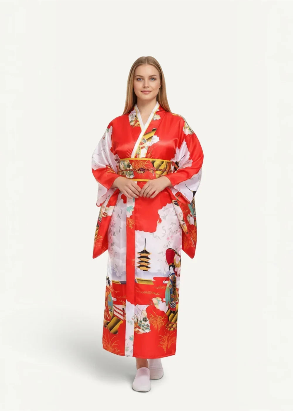 Red satin robe featuring a vibrant red and white glossy silk kimono with traditional pagodas geishas and floral motifs