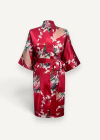 Red satin robe women’s with short sleeves floral and bird pattern and matching belt in vibrant red satin material