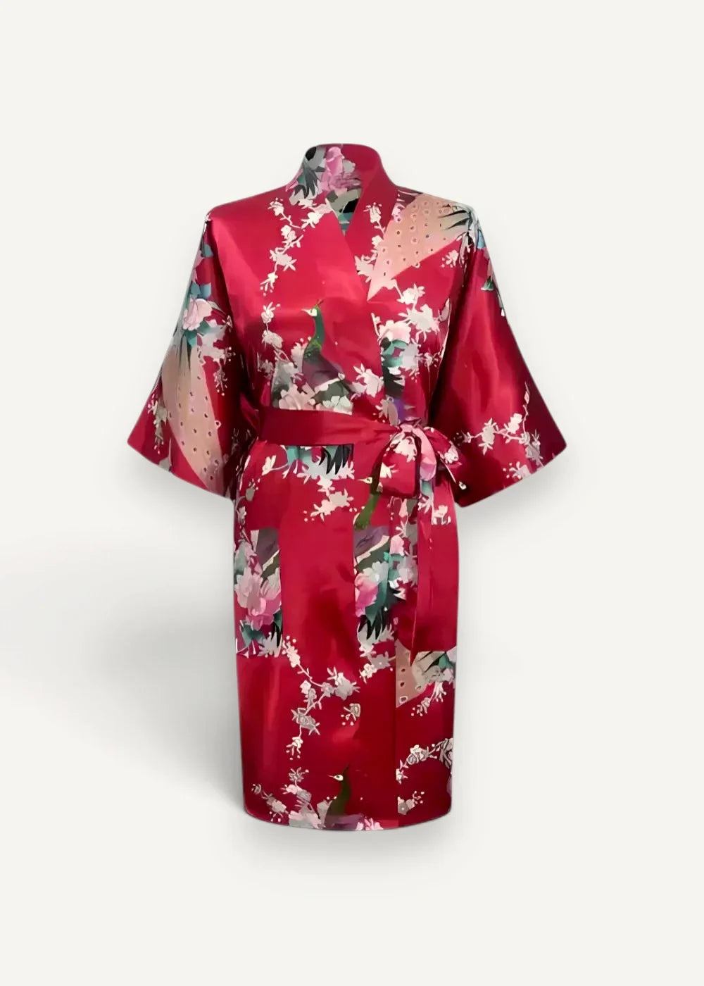 Red satin robe women’s with short sleeves floral and bird pattern and matching belt in vibrant red satin material