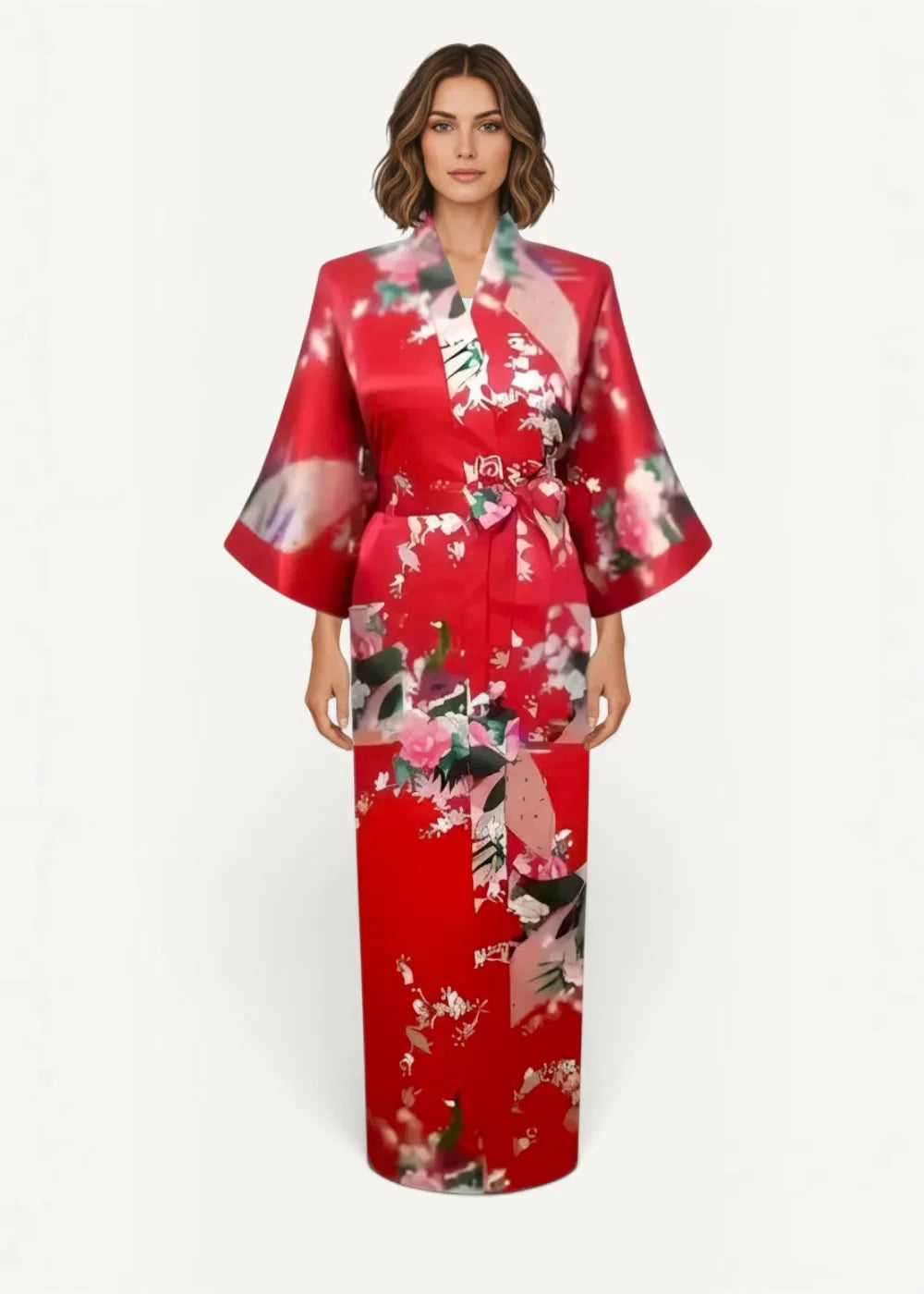 A vibrant red silk robe with a flowing floral pattern in shades of pink and green made of satin