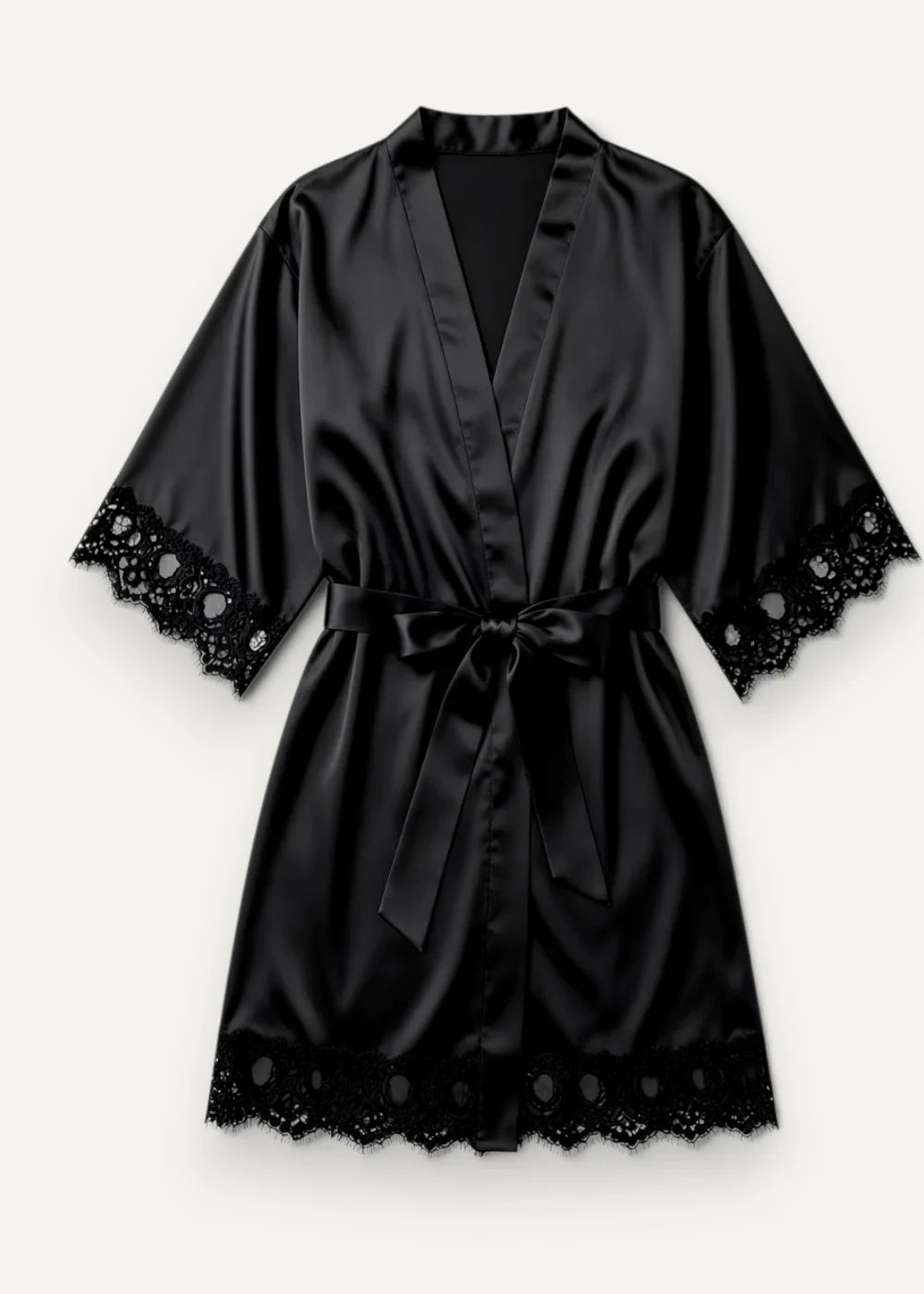 Black satin robe with delicate lace trim along sleeves hem and waistband in satin and lace robe product