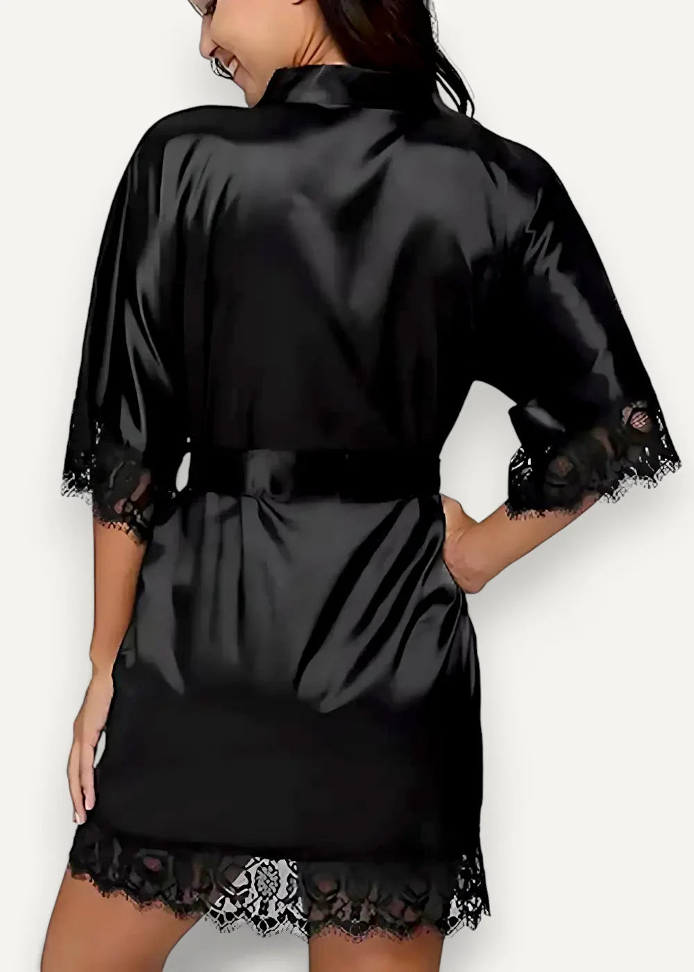 Black satin and lace robe featuring lace trim at cuffs and hem for elegant loungewear or sleepwear use
